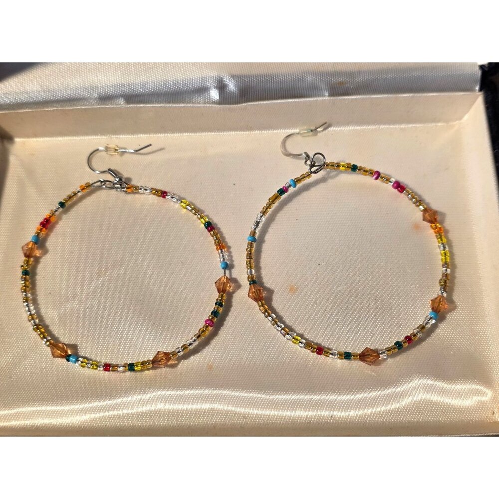 Colorful Beaded Hoop Earrings‎ With Glass Beads & Hook Closure